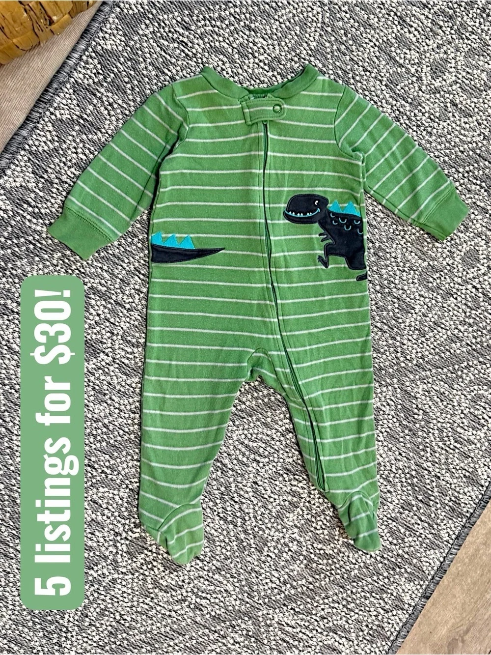 Carter's Baby Boy Footies Sleeper Green Striped Dino Footed One-Piece 6 Months